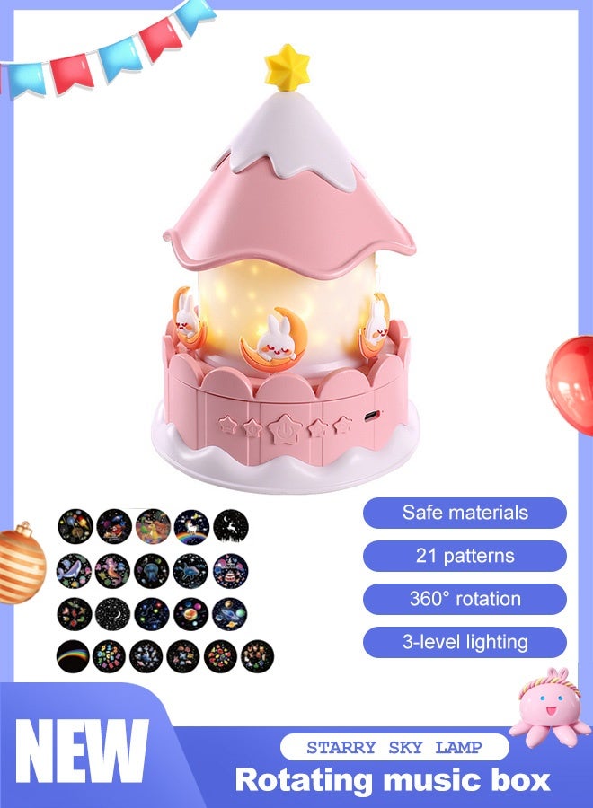Joudiplay Carousel-Style Children's Projection Lamp - Pink - Plug-in Rotating - 21 Film Sets Featuring 3 light colours, starlit skies to lull little ones to sleep, enchanting unicorns, ocean scenes, birthday celebrations, educational themes + animals, and 21 other enchanting settings. A daily dose of romantic companionship, never repeating. - Image 1